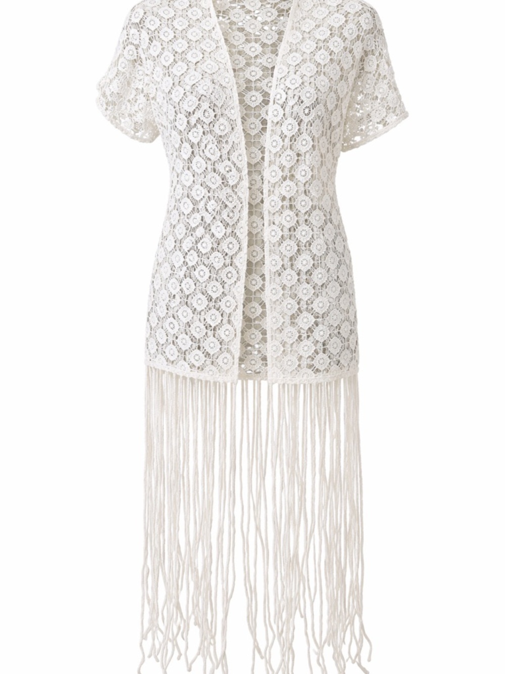 NWT Iris Ivory Crochet Lace Fringe Kimono Cardigan S/M Boho Festival Cover Up
